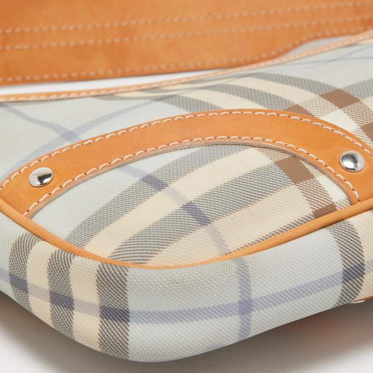 Pre Owned Burberry Tan/ Light Blue House Check PVC and Leather Baguette Bag