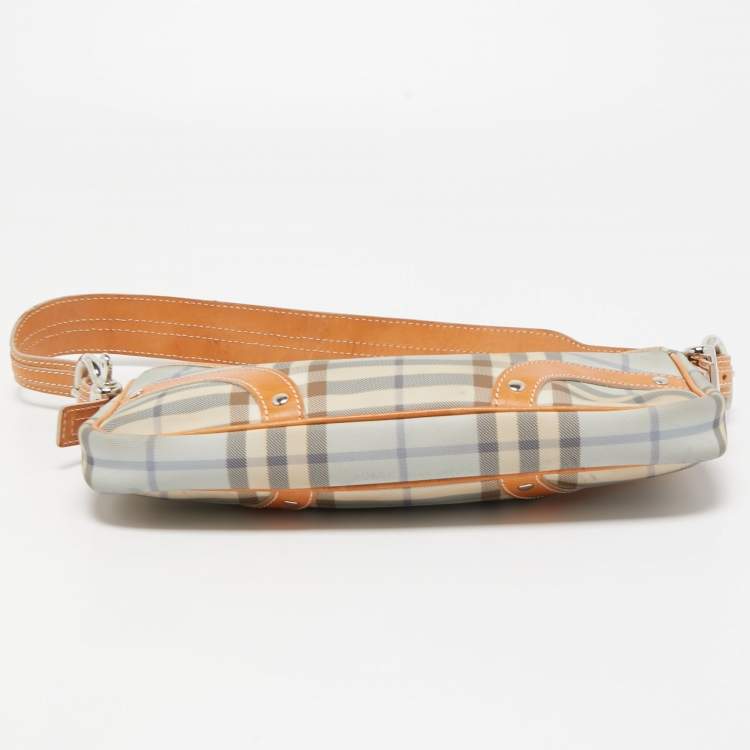Pre Owned Burberry Tan/ Light Blue House Check PVC and Leather Baguette Bag