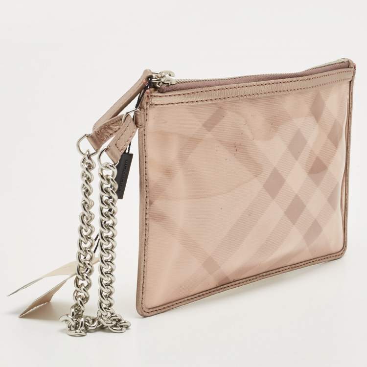 Pre Owned Burberry Metallic Beige/Cleart PVC and Leather Trim Wristlet Pouch