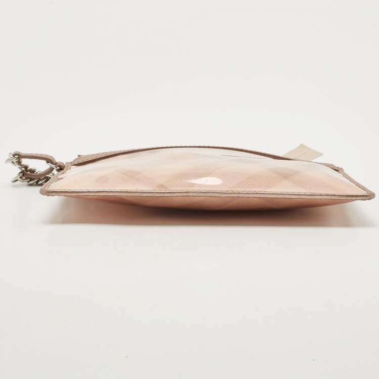 Pre Owned Burberry Metallic Beige/Cleart PVC and Leather Trim Wristlet Pouch