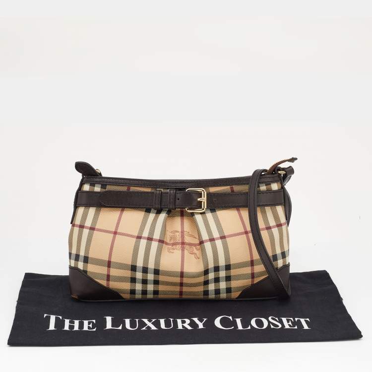 Pre Owned Burberry Beige/Brown Haymarket Check Coated Canvas and Leather Crossbody Bag