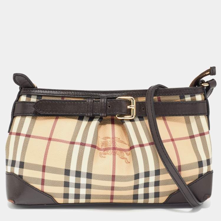 Pre Owned Burberry Beige/Brown Haymarket Check Coated Canvas and Leather Crossbody Bag