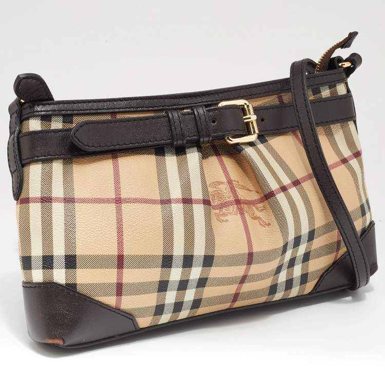 Pre Owned Burberry Beige/Brown Haymarket Check Coated Canvas and Leather Crossbody Bag