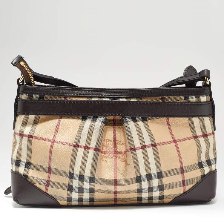Pre Owned Burberry Beige/Brown Haymarket Check Coated Canvas and Leather Crossbody Bag
