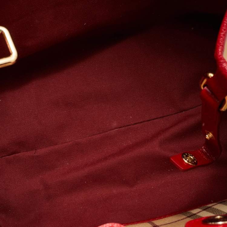 Pre Owned Burberry Beige/Red Haymarket Check PVC and Leather Small Canterbury Tote