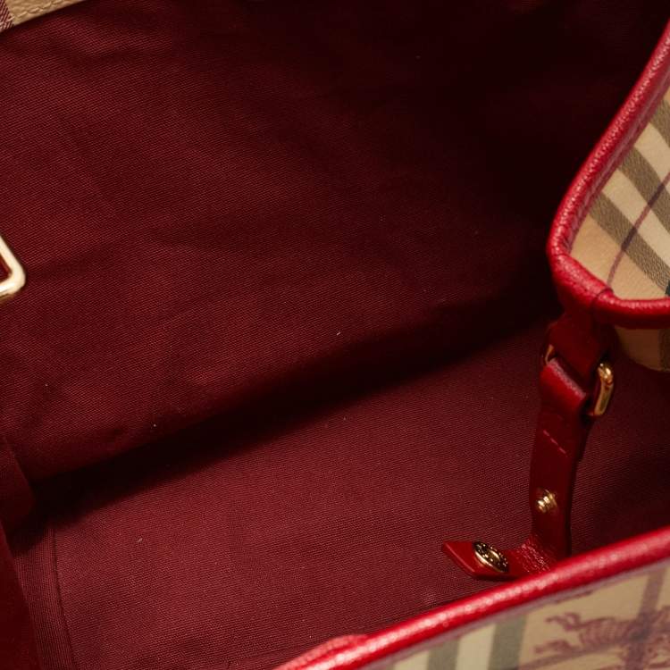 Pre Owned Burberry Beige/Red Haymarket Check PVC and Leather Small Canterbury Tote