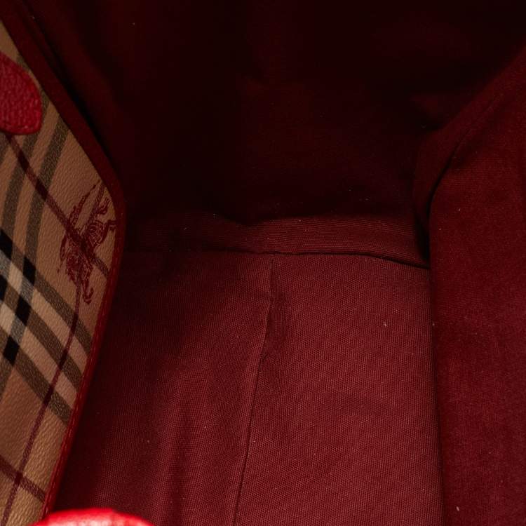 Pre Owned Burberry Beige/Red Haymarket Check PVC and Leather Small Canterbury Tote