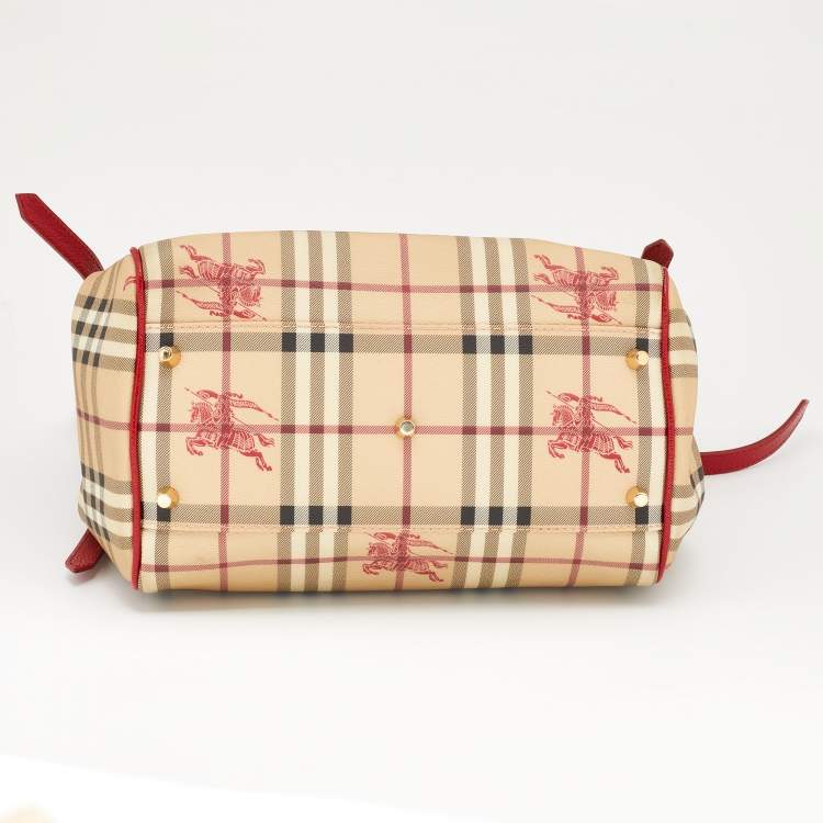 Pre Owned Burberry Beige/Red Haymarket Check PVC and Leather Small Canterbury Tote
