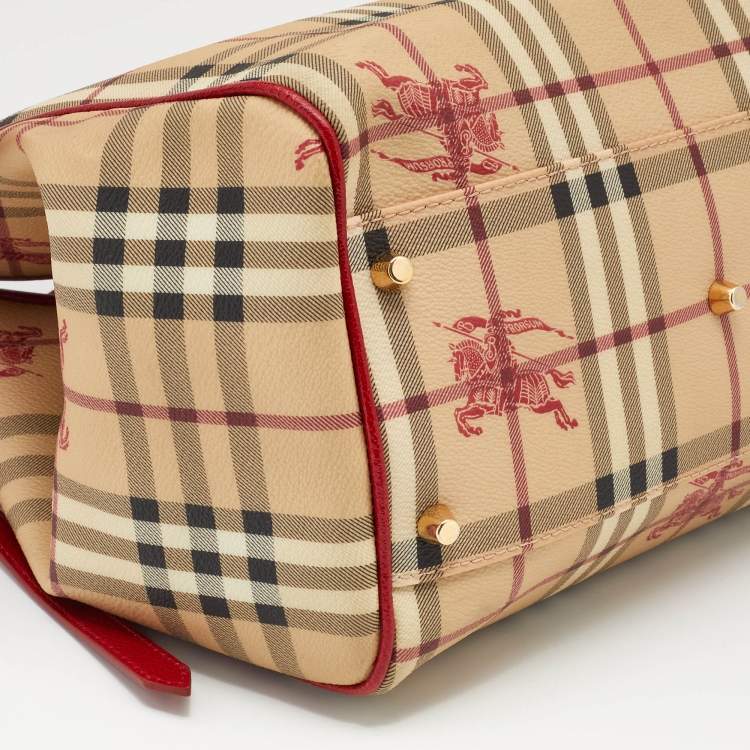Pre Owned Burberry Beige/Red Haymarket Check PVC and Leather Small Canterbury Tote