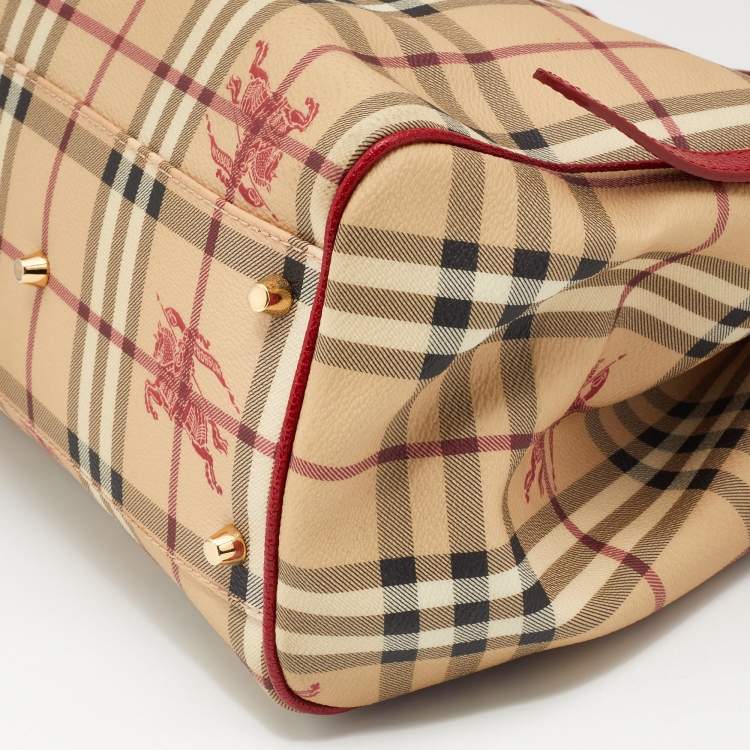 Pre Owned Burberry Beige/Red Haymarket Check PVC and Leather Small Canterbury Tote