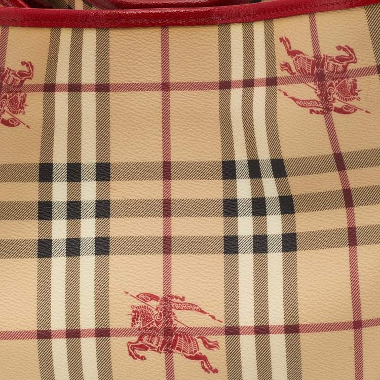 Pre Owned Burberry Beige/Red Haymarket Check PVC and Leather Small Canterbury Tote
