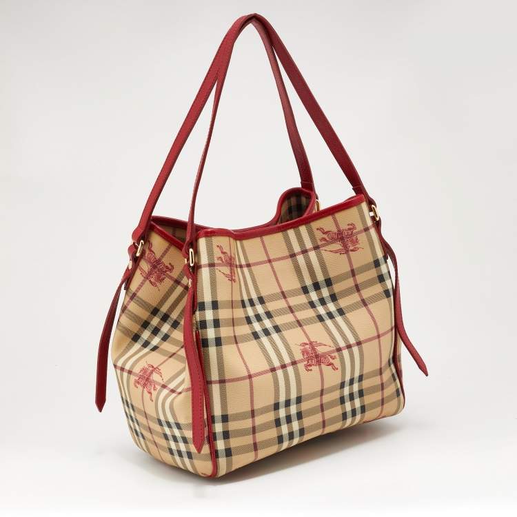 Pre Owned Burberry Beige/Red Haymarket Check PVC and Leather Small Canterbury Tote