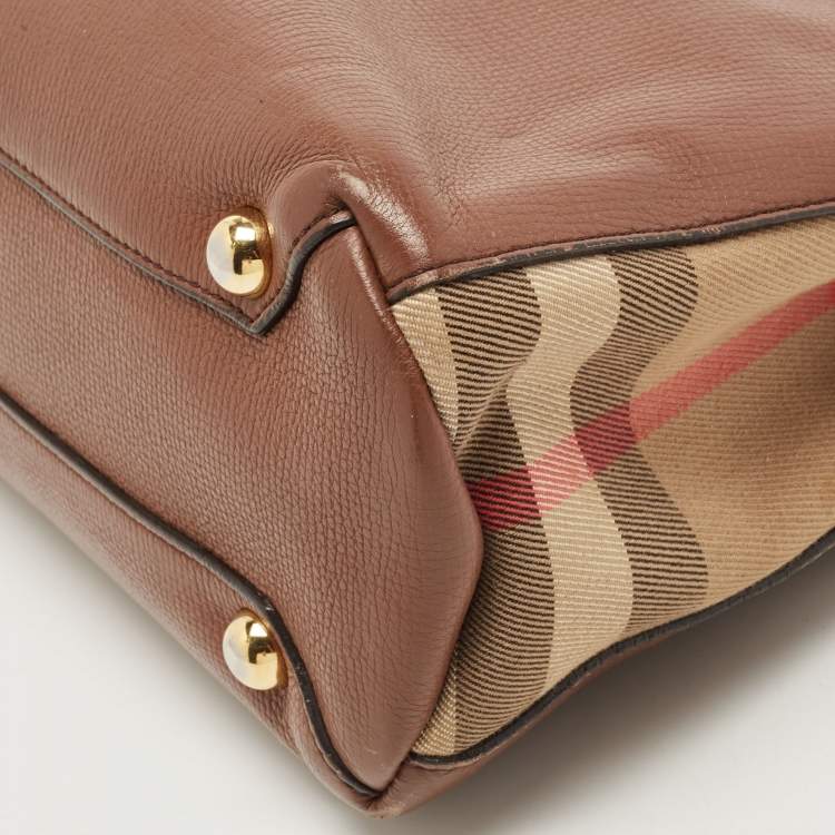 Pre Owned Burberry Brown/Beige House Check Fabric and Leather Small Banner Tote