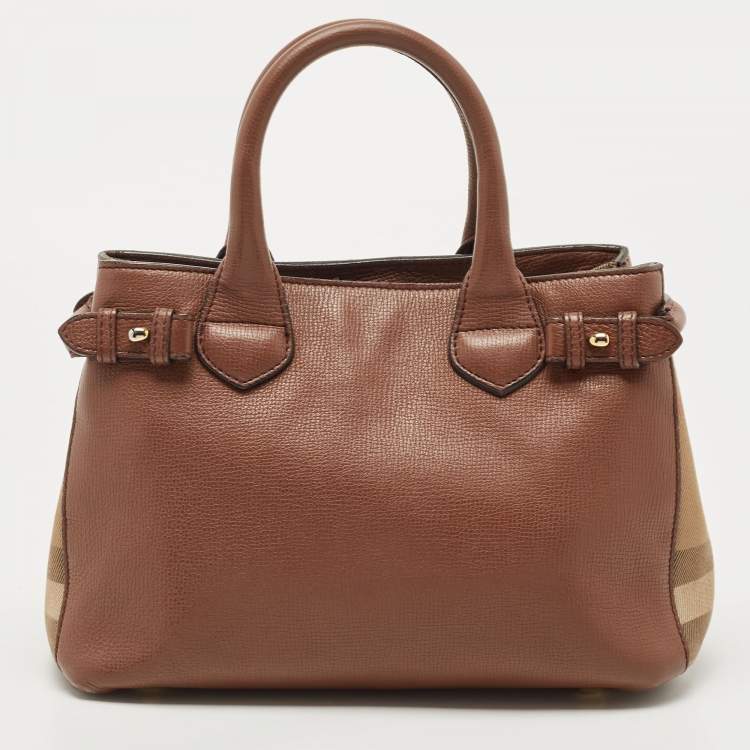 Pre Owned Burberry Brown/Beige House Check Fabric and Leather Small Banner Tote