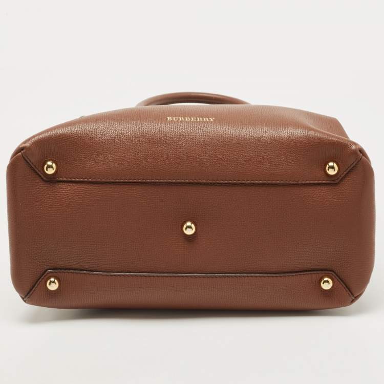 Pre Owned Burberry Beige/Brown Leather and House Check Fabric Medium Banner Tote