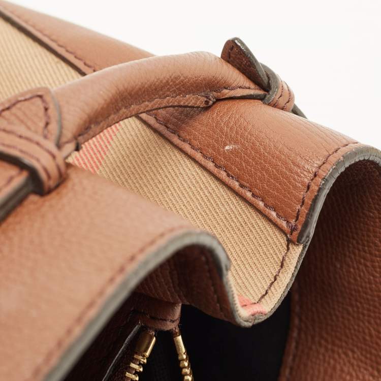 Pre Owned Burberry Beige/Brown Leather and House Check Fabric Medium Banner Tote