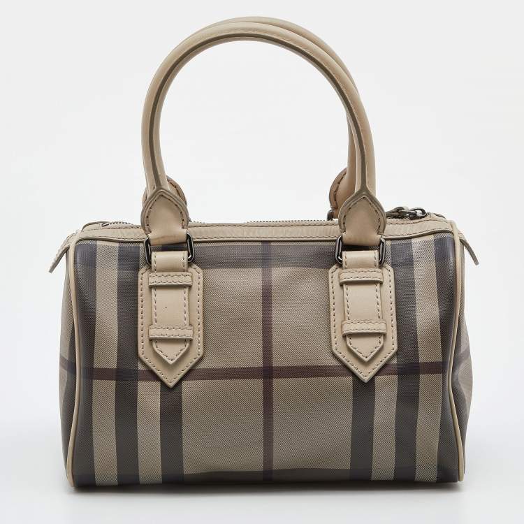 Pre Owned Burberry Beige Smoked Check PVC and Leather Chester Boston Bag
