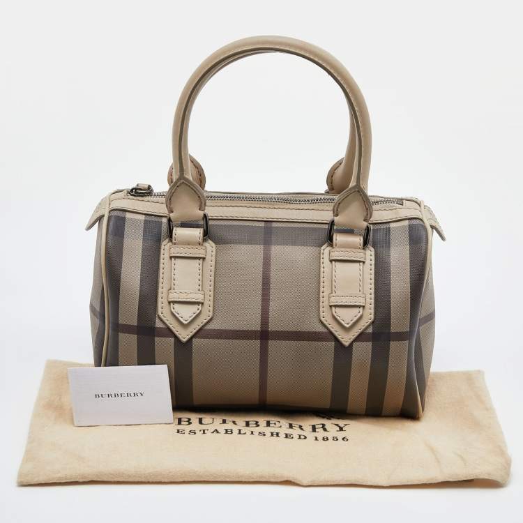 Pre Owned Burberry Beige Smoked Check PVC and Leather Chester Boston Bag