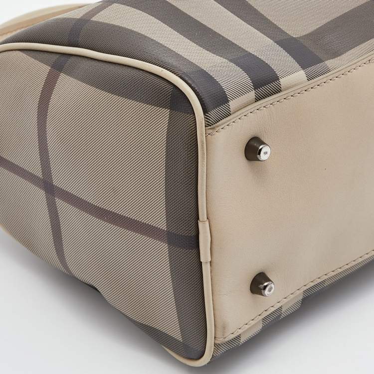 Pre Owned Burberry Beige Smoked Check PVC and Leather Chester Boston Bag
