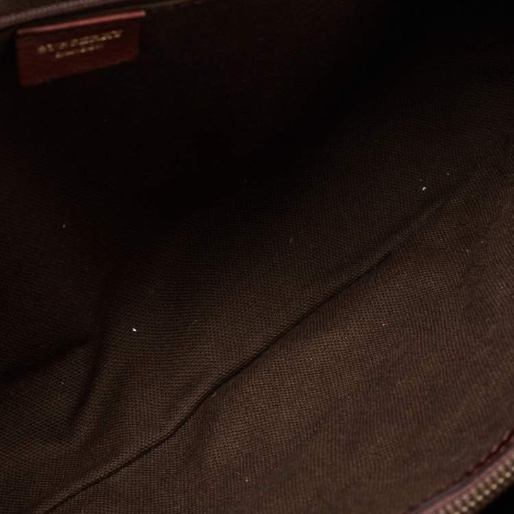 Pre Owned Burberry Brown/Beige Haymarket Check Canvas and Leather Middle Zip Tote