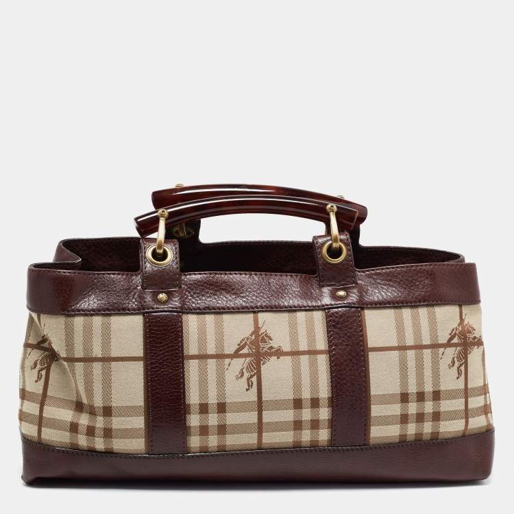 Pre Owned Burberry Brown/Beige Haymarket Check Canvas and Leather Middle Zip Tote