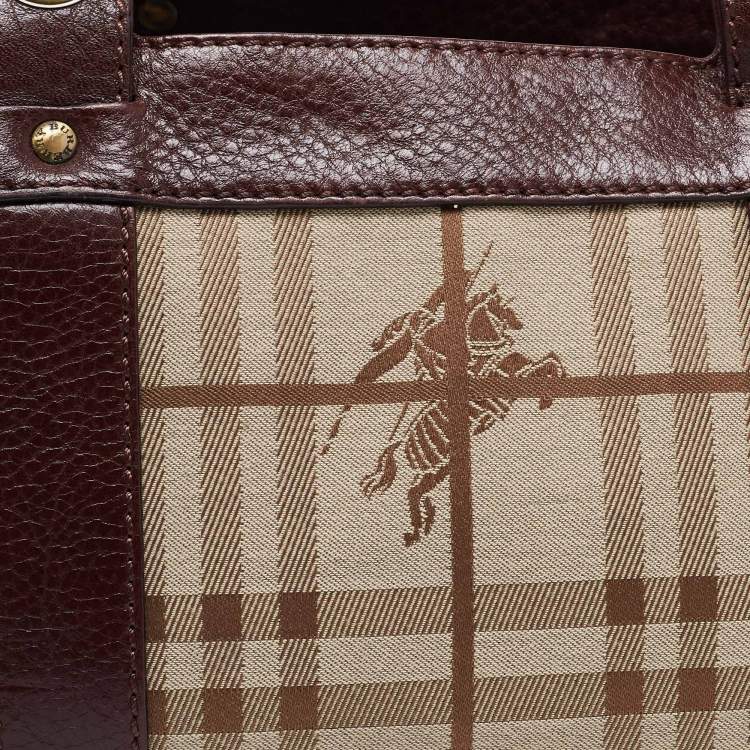 Pre Owned Burberry Brown/Beige Haymarket Check Canvas and Leather Middle Zip Tote