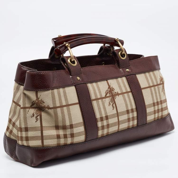 Pre Owned Burberry Brown/Beige Haymarket Check Canvas and Leather Middle Zip Tote