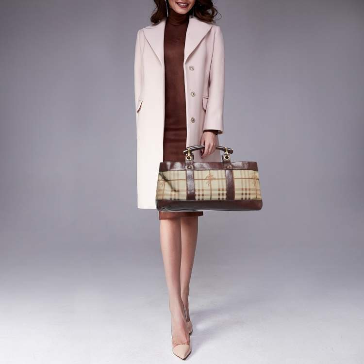 Pre Owned Burberry Brown/Beige Haymarket Check Canvas and Leather Middle Zip Tote