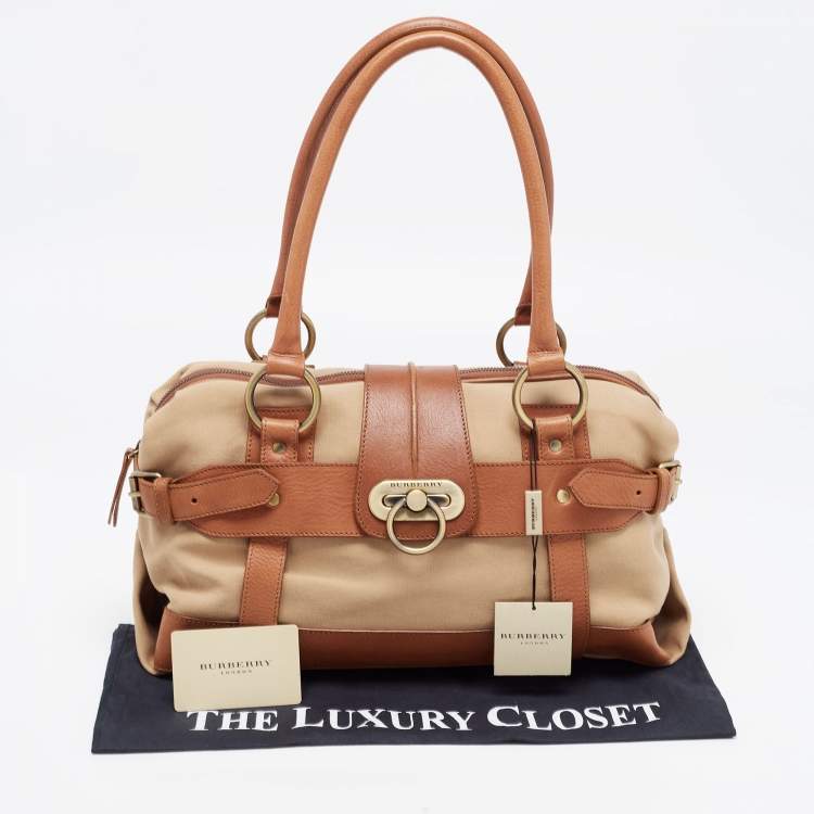 Pre Owned Burberry Brown/Beige Canvas and Leather Flap Satchel