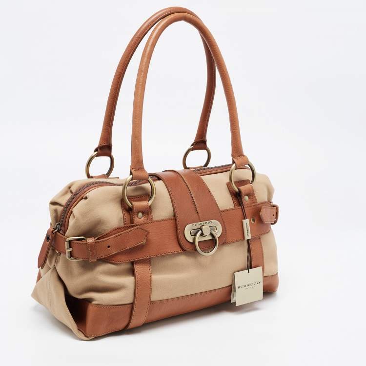 Pre Owned Burberry Brown/Beige Canvas and Leather Flap Satchel