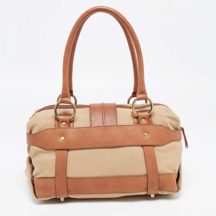 Pre Owned Burberry Brown/Beige Canvas and Leather Flap Satchel