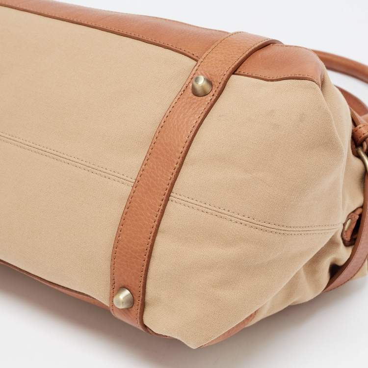 Pre Owned Burberry Brown/Beige Canvas and Leather Flap Satchel