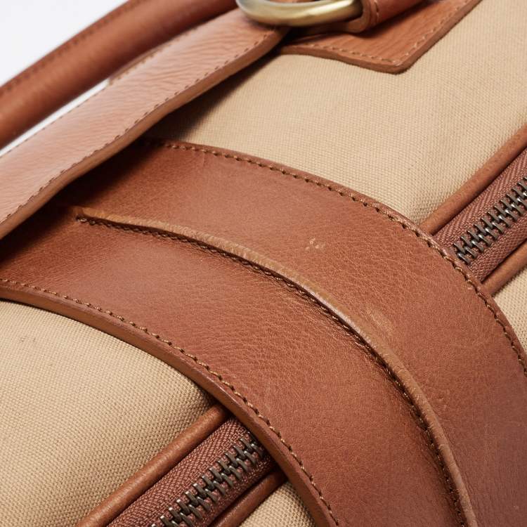 Pre Owned Burberry Brown/Beige Canvas and Leather Flap Satchel