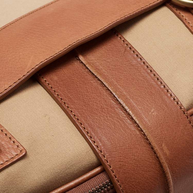Pre Owned Burberry Brown/Beige Canvas and Leather Flap Satchel