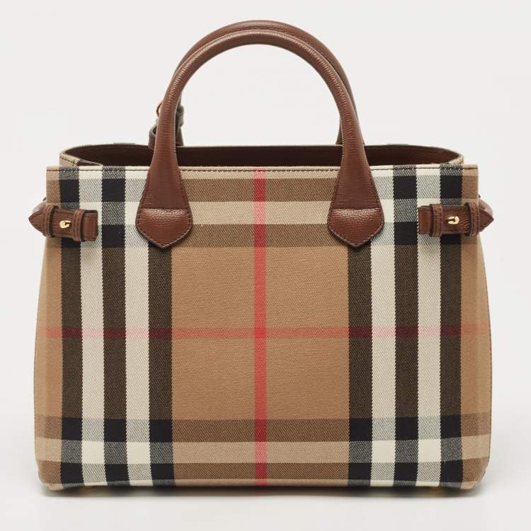 Pre Owned Burberry Brown/Beige House Check Fabric and Leather Medium Banner Tote