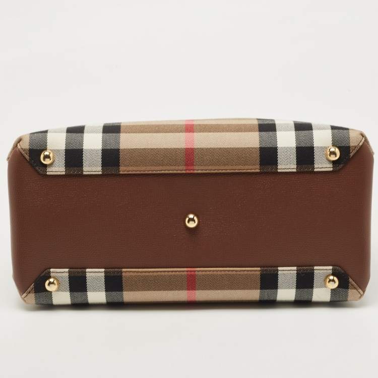 Pre Owned Burberry Brown/Beige House Check Fabric and Leather Medium Banner Tote