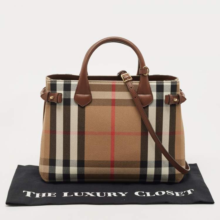 Pre Owned Burberry Brown/Beige House Check Fabric and Leather Medium Banner Tote