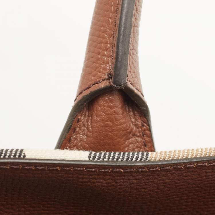 Pre Owned Burberry Brown/Beige House Check Fabric and Leather Medium Banner Tote