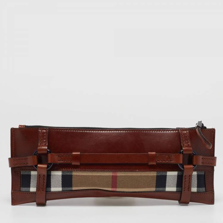 Pre Owned Burberry Brown Leather and House Check Canvas Clutch