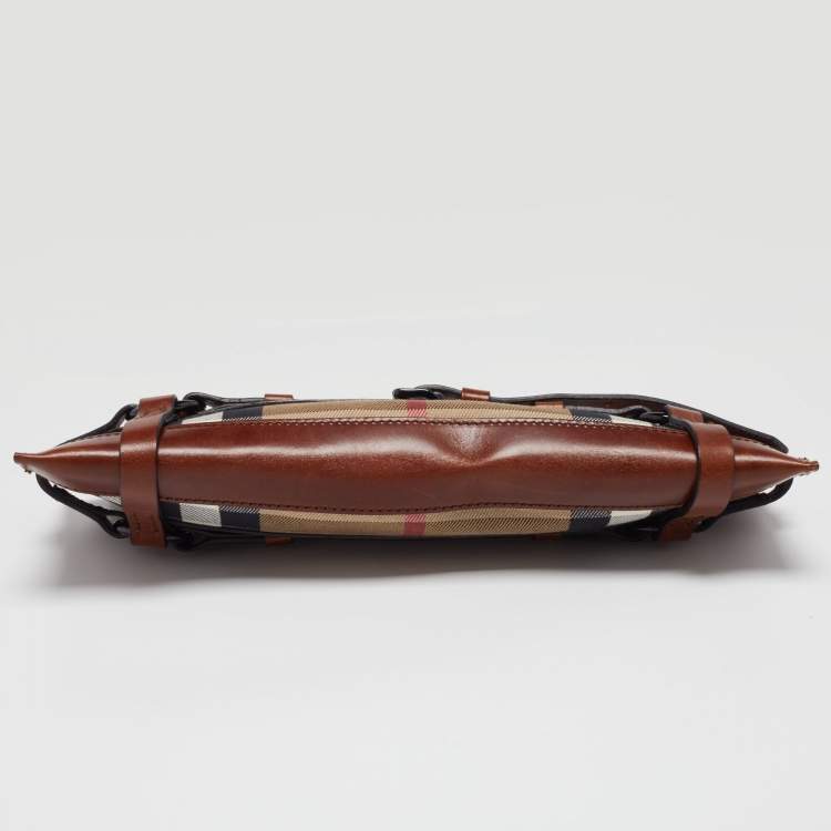 Pre Owned Burberry Brown Leather and House Check Canvas Clutch