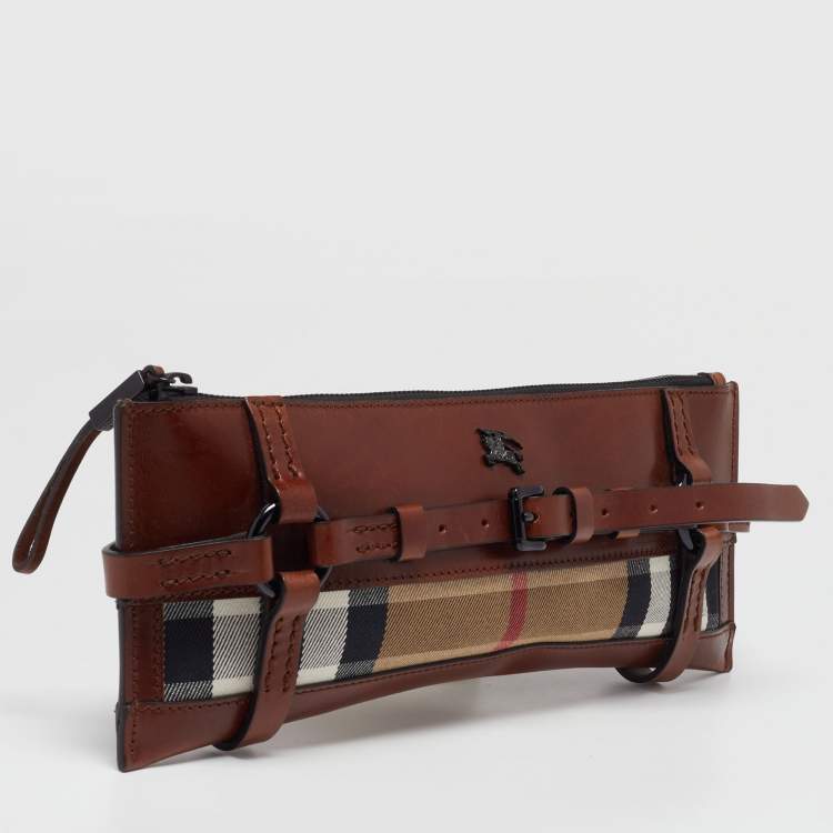 Pre Owned Burberry Brown Leather and House Check Canvas Clutch