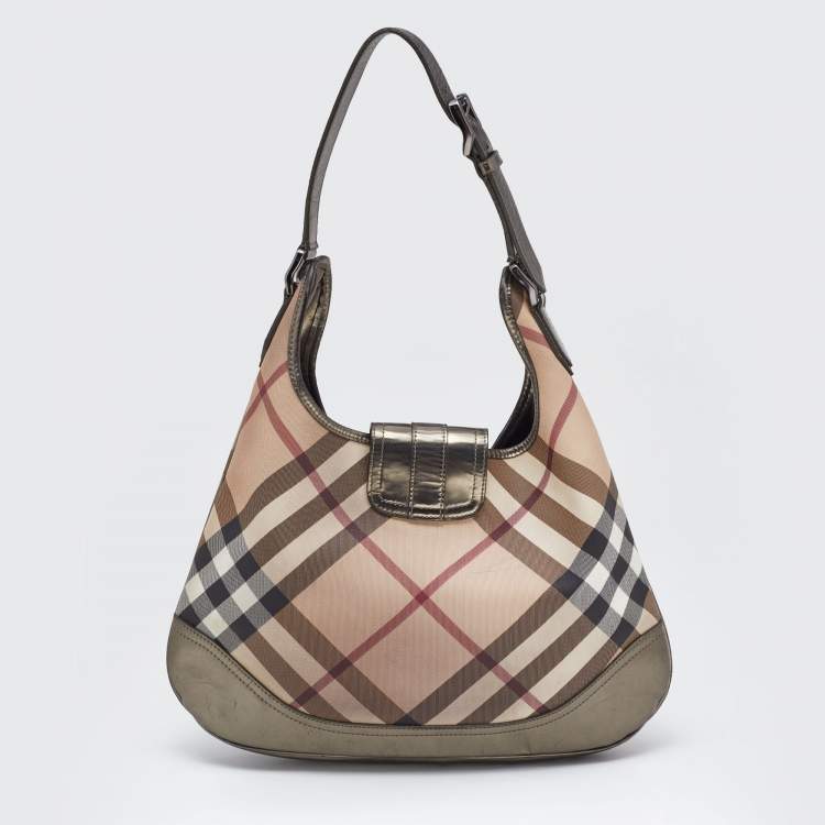 Pre Owned Burberry Metallic/Beige Nova Check PVC and Leather Brooke Hobo