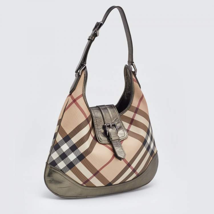 Pre Owned Burberry Metallic/Beige Nova Check PVC and Leather Brooke Hobo