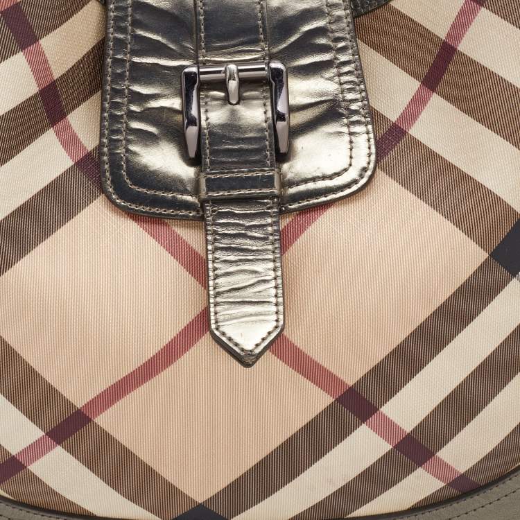 Pre Owned Burberry Metallic/Beige Nova Check PVC and Leather Brooke Hobo