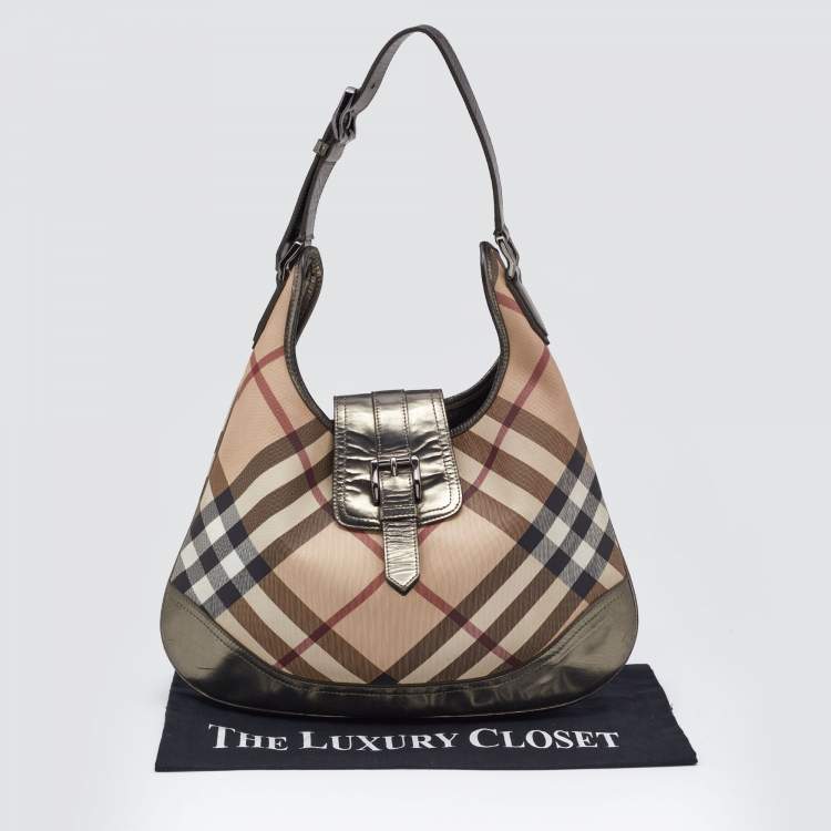Pre Owned Burberry Metallic/Beige Nova Check PVC and Leather Brooke Hobo
