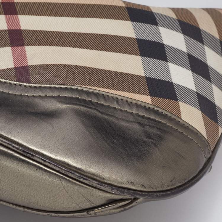 Pre Owned Burberry Metallic/Beige Nova Check PVC and Leather Brooke Hobo