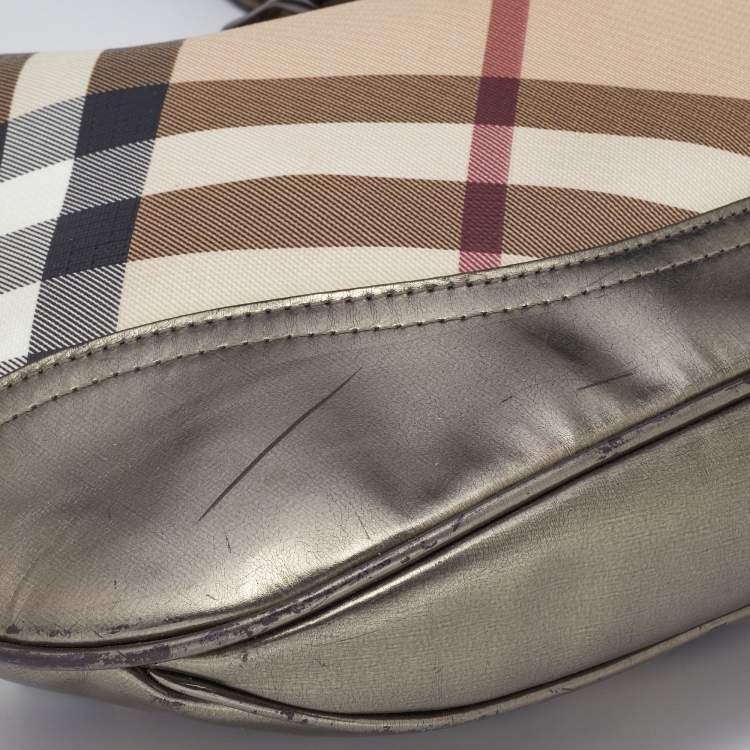 Pre Owned Burberry Metallic/Beige Nova Check PVC and Leather Brooke Hobo