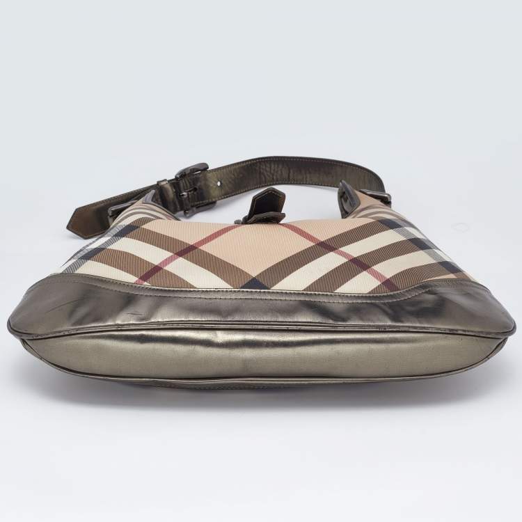 Pre Owned Burberry Metallic/Beige Nova Check PVC and Leather Brooke Hobo