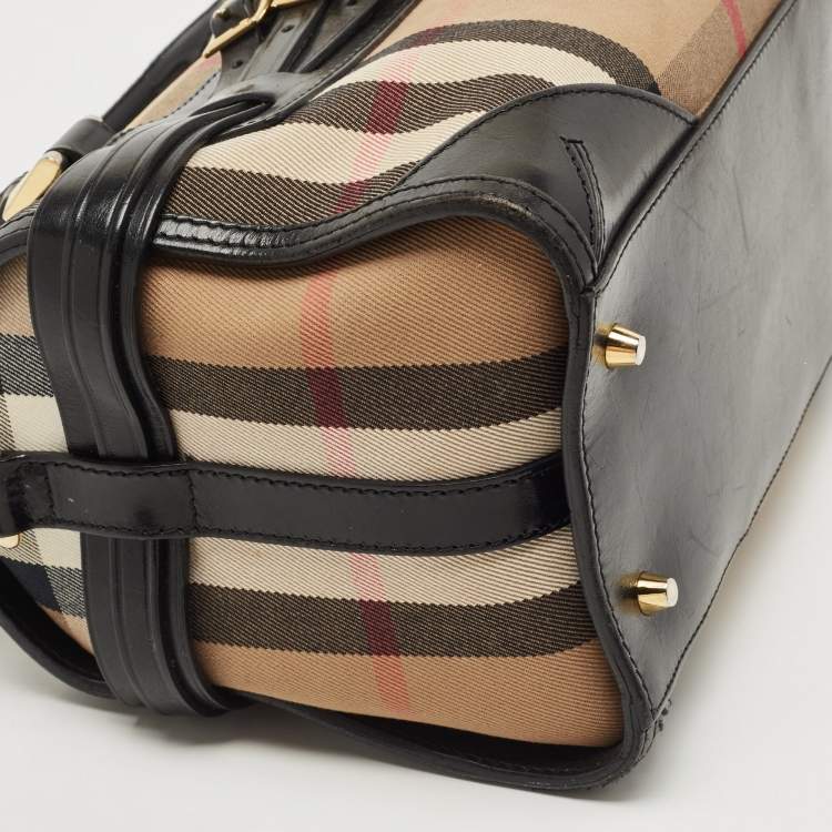 Pre Owned Burberry Black/Beige House Check Fabric and Leather Bridle Chester Bowling Bag