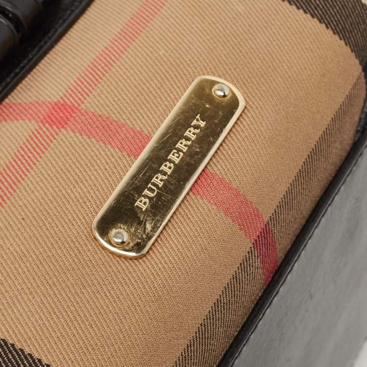 Pre Owned Burberry Black/Beige House Check Fabric and Leather Bridle Chester Bowling Bag